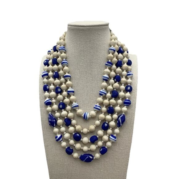 Vintage Japan Unique Cobalt Blue And White 5 Multi Strand Beaded Necklace - Picture 1 of 5